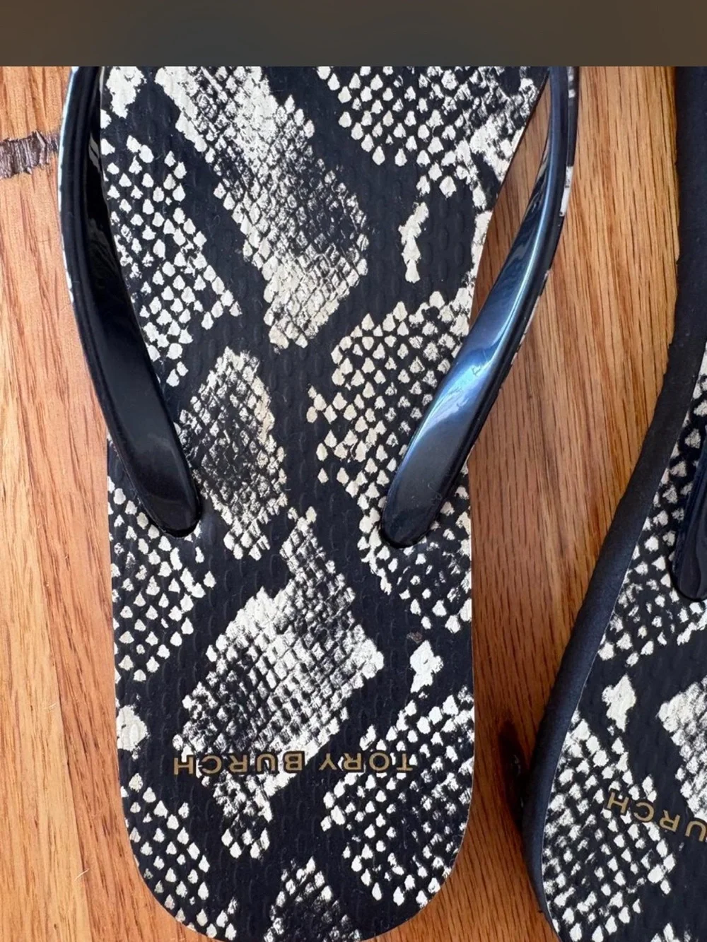 Tory Burch Black and Cream Snake-Print Flip Flops
